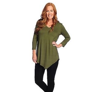 Olive knit top w/ 3/4" sleeves, lace back